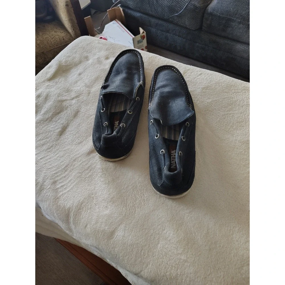 NATHA Mens Navy Blue Suede Leather Boat Shoes Loafers 11M AK004 Slip On Casual